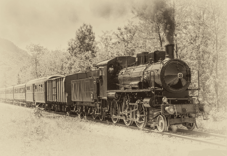 fotografia d'un tren carregat de passatgers de principis del segle XX