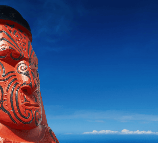 detall del cap d'un maorí de fusta ubicat a nova zelanda