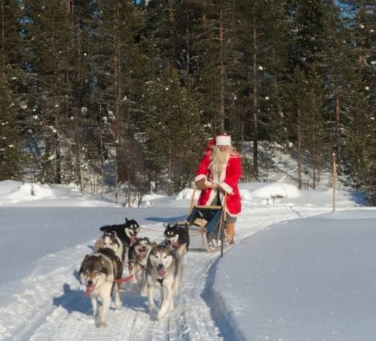 Detall del Pare Noel lliscant amb trineu a Lapònia