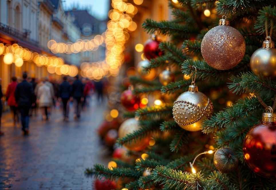 detall de gent passejant pel carrer amb decoració nadalenca