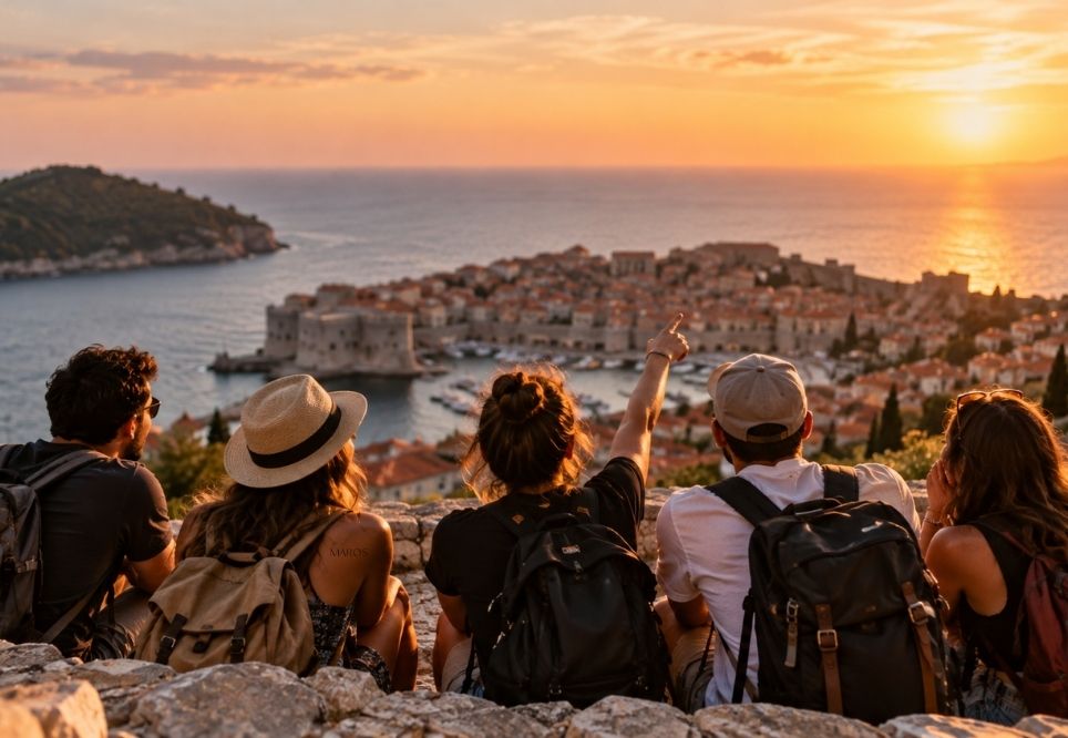 grup de persones viatjant juntes i contemplant una posta de sol